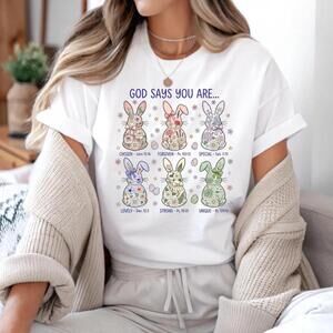 Christian Easter Bunny T-Shirt, God Says You Are Tee, Floral Rabbit